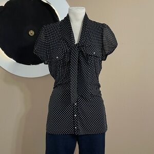 White House Black Market Polka Dot Blouse | Size L | Black White Bow Neck Top